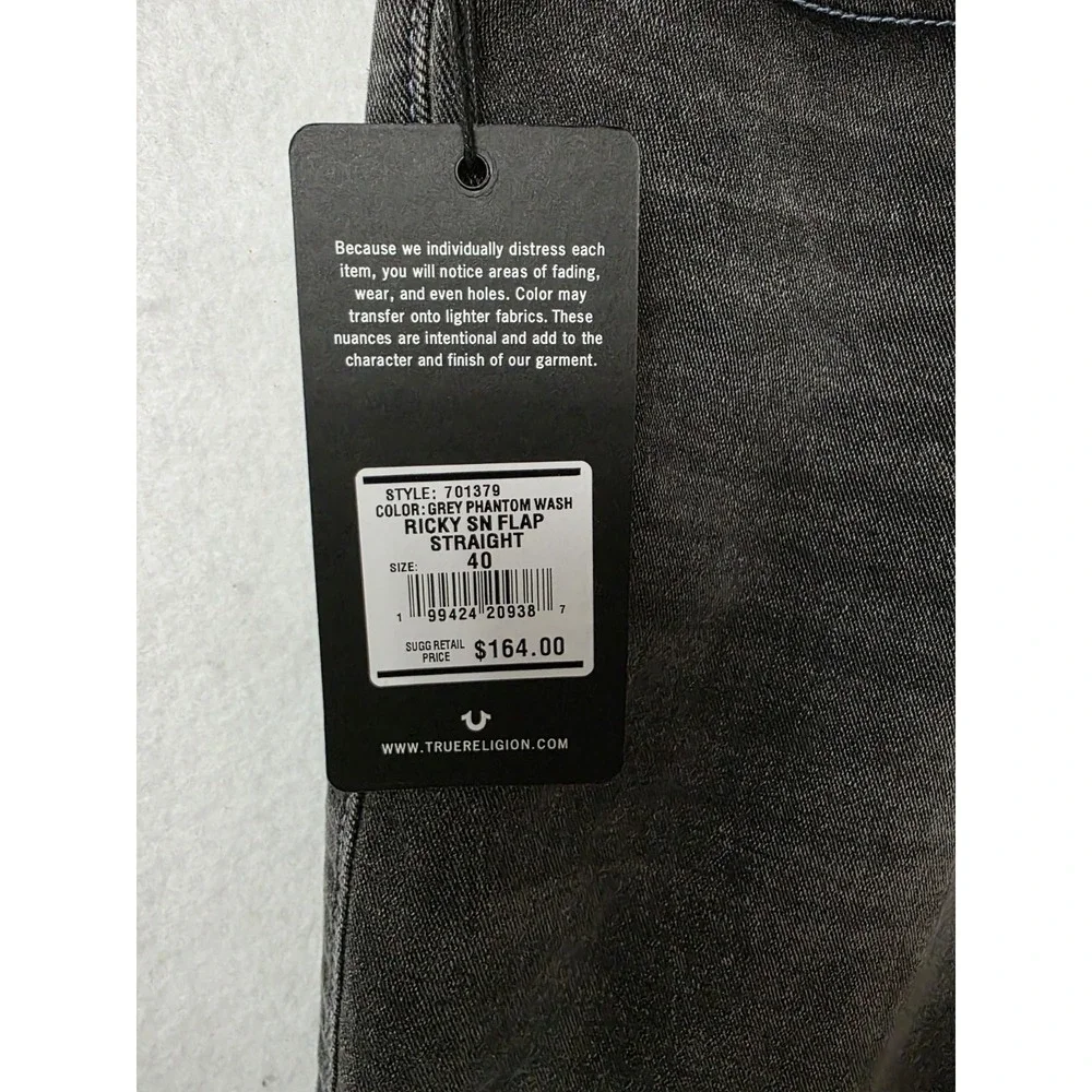 True Religion Men's Ricky SN Flap Straight Jeans in a grey phantom wash 40x34